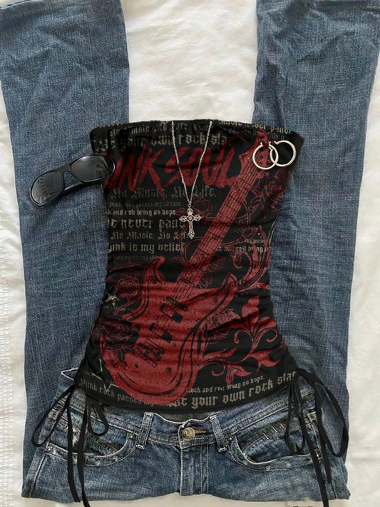 Women's Graphic Drawstring Strapless Top