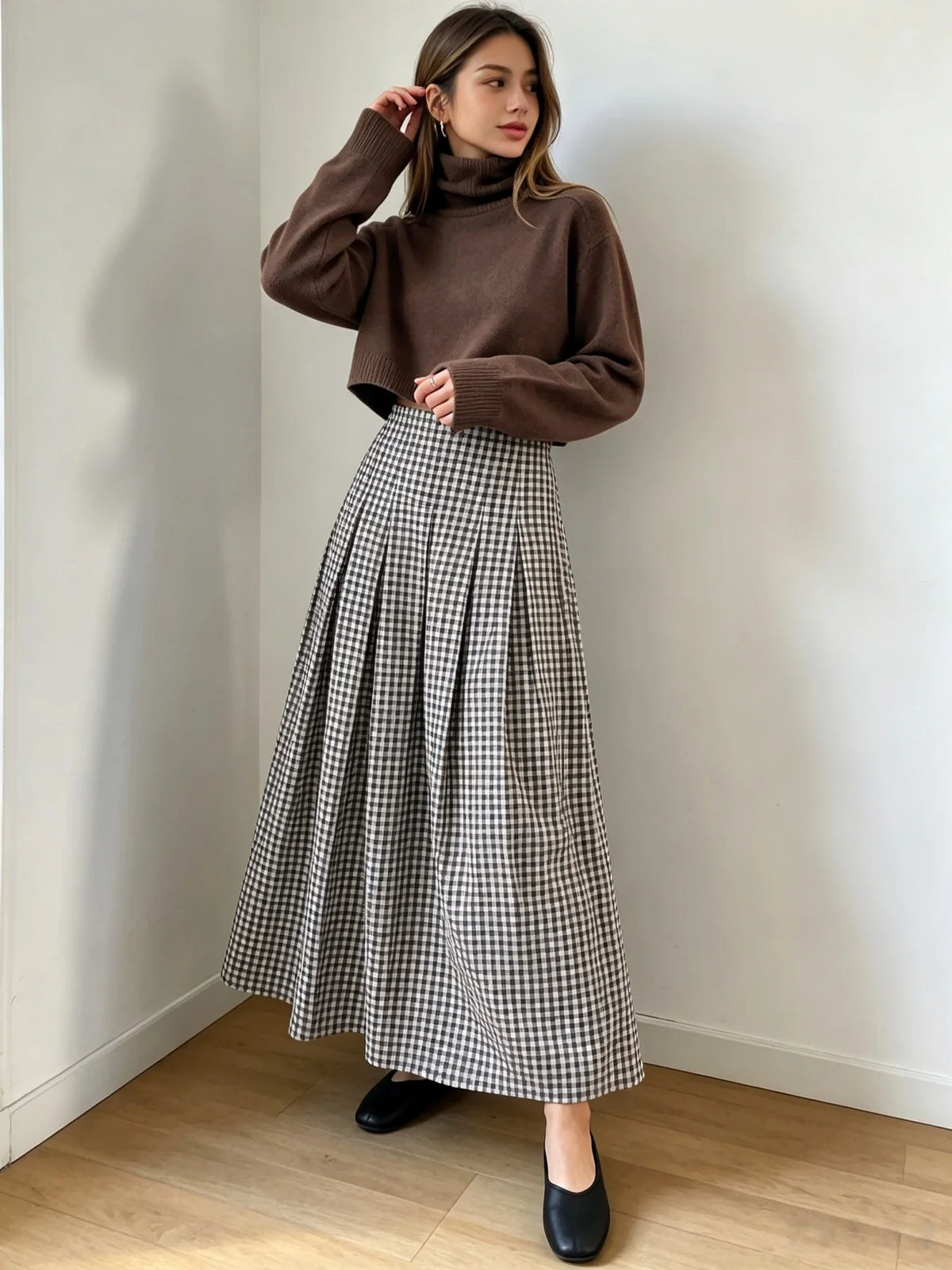 Women Spring Autumn Plaid Midi Skirt,High Waist Pleated A‑Line Long Skirt,Vintage Checkered Flowy Swing Skirts