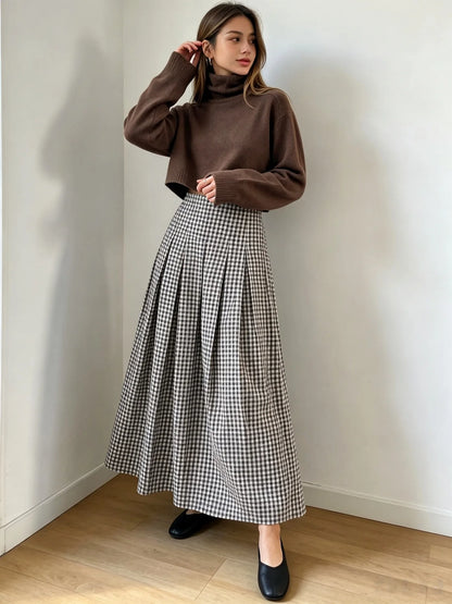 Women Spring Autumn Plaid Midi Skirt,High Waist Pleated A‑Line Long Skirt,Vintage Checkered Flowy Swing Skirts