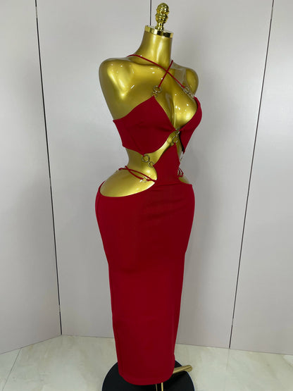 Sexy Halter Hollow Out  Sleeveless Black Red Bodycon Long Bandage Dress 2025 Women Celebate Elegant Luxury Birthday Club Dress