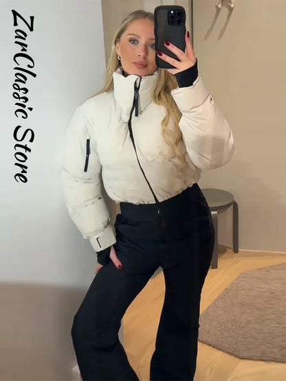 Fashion Patchwork Women's Ski Suit Warm Hooded Zipper Belt Full Sleeve Slim Jumpsuit Lady New Winter Casual Ski Clothing 2026