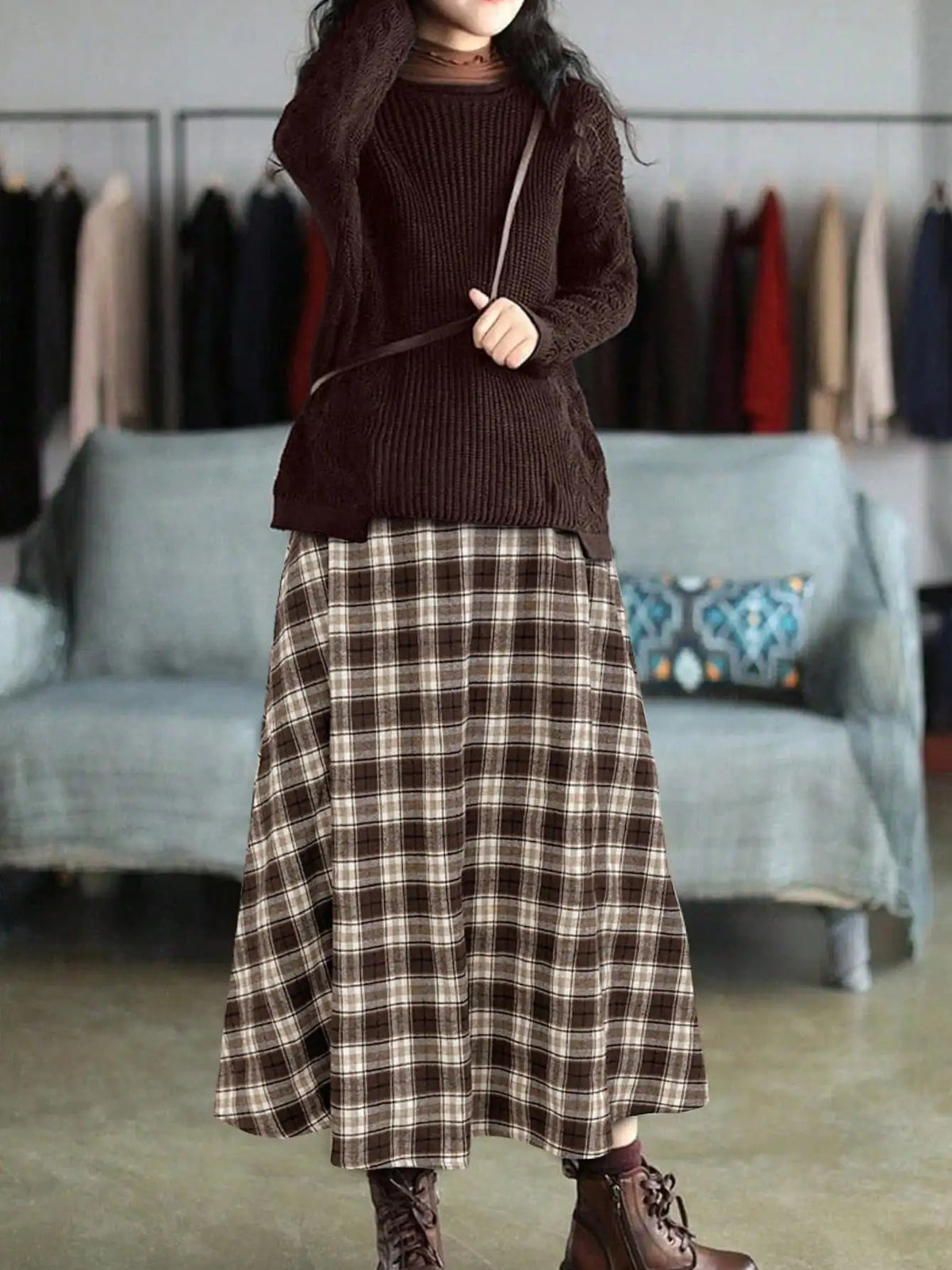 Womens Vintage Plaid Midi Skirt High Waist Elastic A Line Long Skirt Autumn Winter Casual