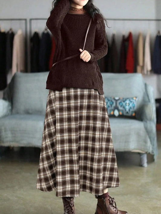 Womens Vintage Plaid Midi Skirt High Waist Elastic A Line Long Skirt Autumn Winter Casual