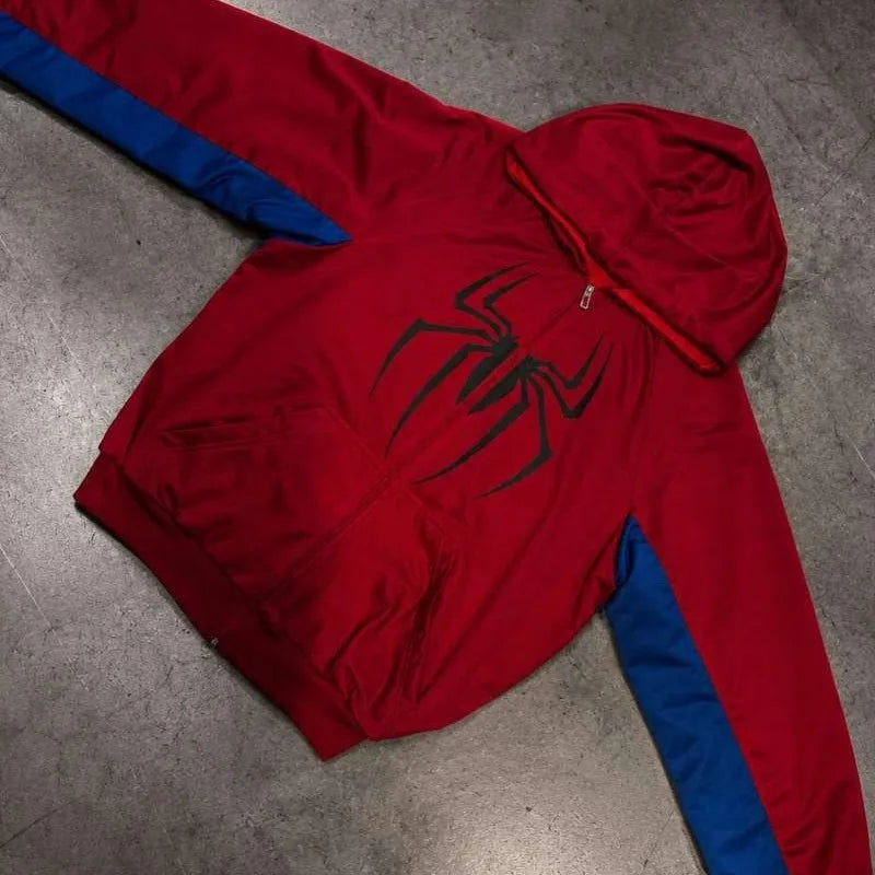 Unisex Fashion Cosplay Hooded Jacket Red Blue Colorblock Spider Pattern Hoodie Casual Y2K Streetwear Long Sleeve Sweatshirt Top