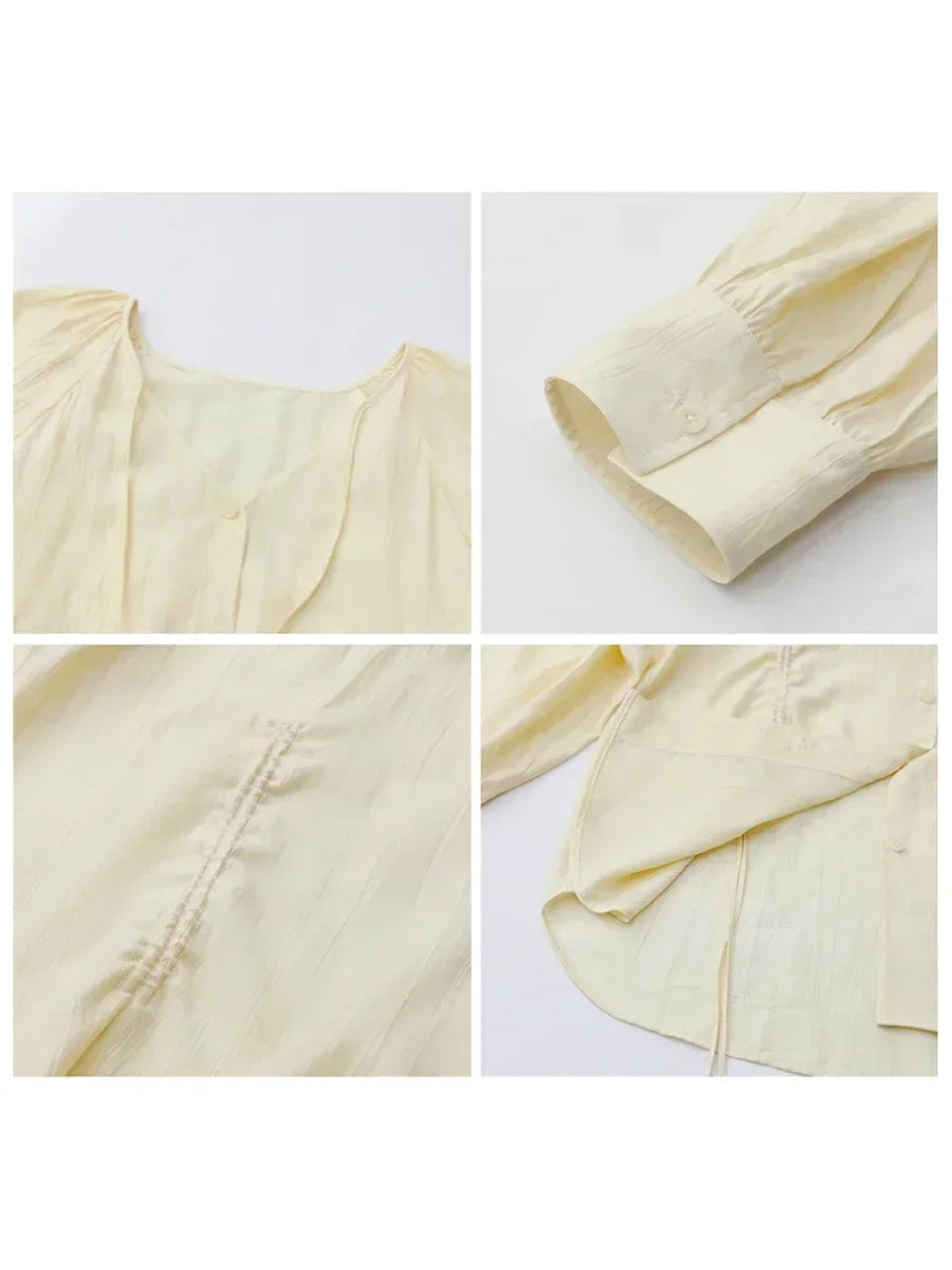 CHIC VEN Women Loose Lace Up Shirt Solid New Korean V-neck Pleated Raglan Long Sleeved Blouses Female Tops Spring Summer 2026