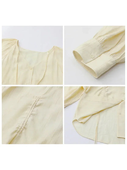 CHIC VEN Women Loose Lace Up Shirt Solid New Korean V-neck Pleated Raglan Long Sleeved Blouses Female Tops Spring Summer 2026