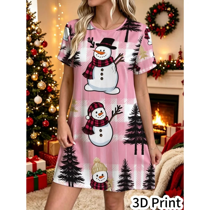 3D Fun Santa Claus Printed New Year Party Dress Women's Short Sleeve Round Leader Casual Loose Mini Dress Vestidos De Mujer
