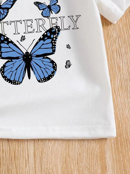 Girls' Summer Casual Outfit: White Butterfly Print T-Shirt + Blue Faux Denim Star Bell-Bottom Pants, Two-Piece Set Suitable for Children Aged 4-12, Versatile Clothing for Home and Outings