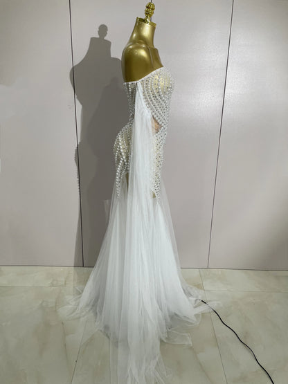 Elegant Sparkly Rhinestone White Pearl Sexy Strapless Mesh Long Dress Wedding Guest Gowns Luxury Birthday Evening Party Dress