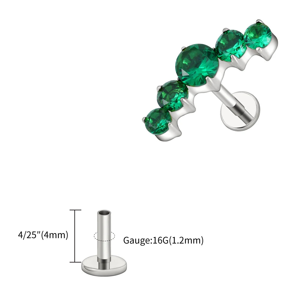 Right Grand ASTM F136 Titanium 16G CZ Cluster Flat Back Labret Stud Curved CZ Bar Climber Earring Helix Cartilage Stud Piercing