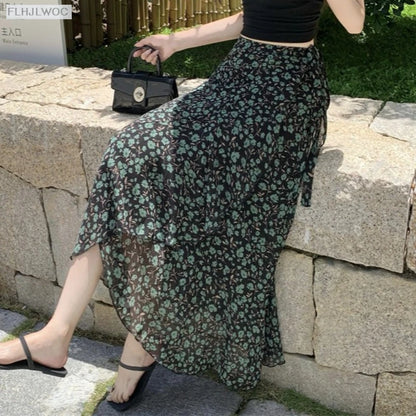 2025 Chic Korea Clothes Summer Women Cute Sweet GIrl Floral Robe Holiday Date High Waist Retro Vintage One-Piece Lace-Up Skirts