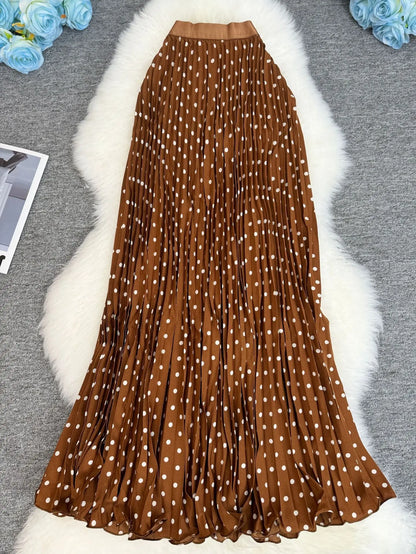 Polka Dot Print High Elegant A-line Pleated Long Skirt For Women 2025 Spring autumn Office Lady Casual Leopard Skirts