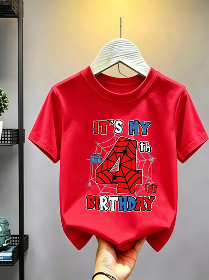 1-10 Years Birthday Spiderweb Gift Hero Print Cotton Short-Sleeve T-Shirt, Suitable for Boys and Girls Daily Wear