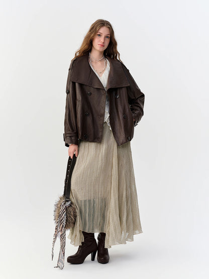 DUSHU Retro Nomadic Style Plaid Midi Skirt Women Irregular Design New Autumn 2026 Elastic Waist Casual Midi Skirt Khaki