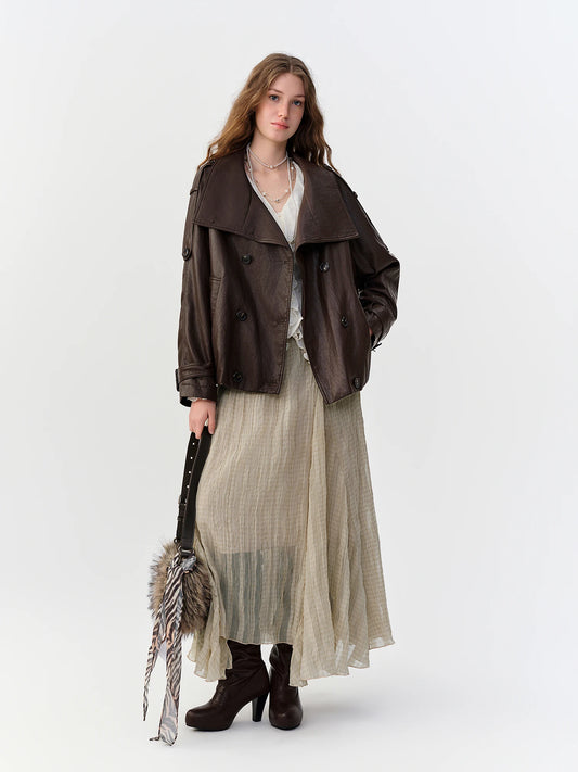 DUSHU Retro Nomadic Style Plaid Midi Skirt Women Irregular Design New Autumn 2026 Elastic Waist Casual Midi Skirt Khaki