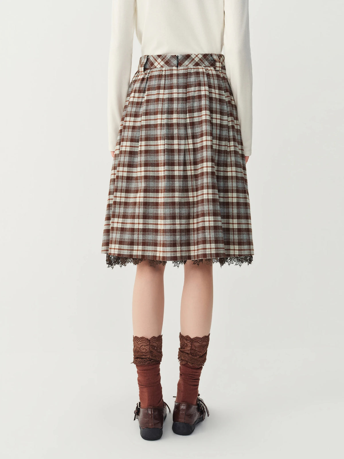 FSLE 2026 Fall Winter Women's Elegant Vintage Lace Preppy Plaid High Waist Flattering A-Line Midi Skirt - Chic for Daily Wear