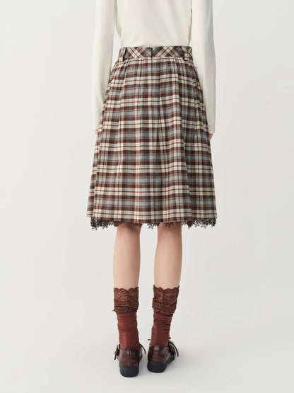 FSLE 2026 Fall Winter Women's Elegant Vintage Lace Preppy Plaid High Waist Flattering A-Line Midi Skirt - Chic for Daily Wear