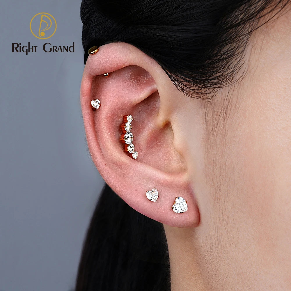 Right Grand ASTM F136 Titanium 16G CZ Cluster Flat Back Labret Stud Curved CZ Bar Climber Earring Helix Cartilage Stud Piercing