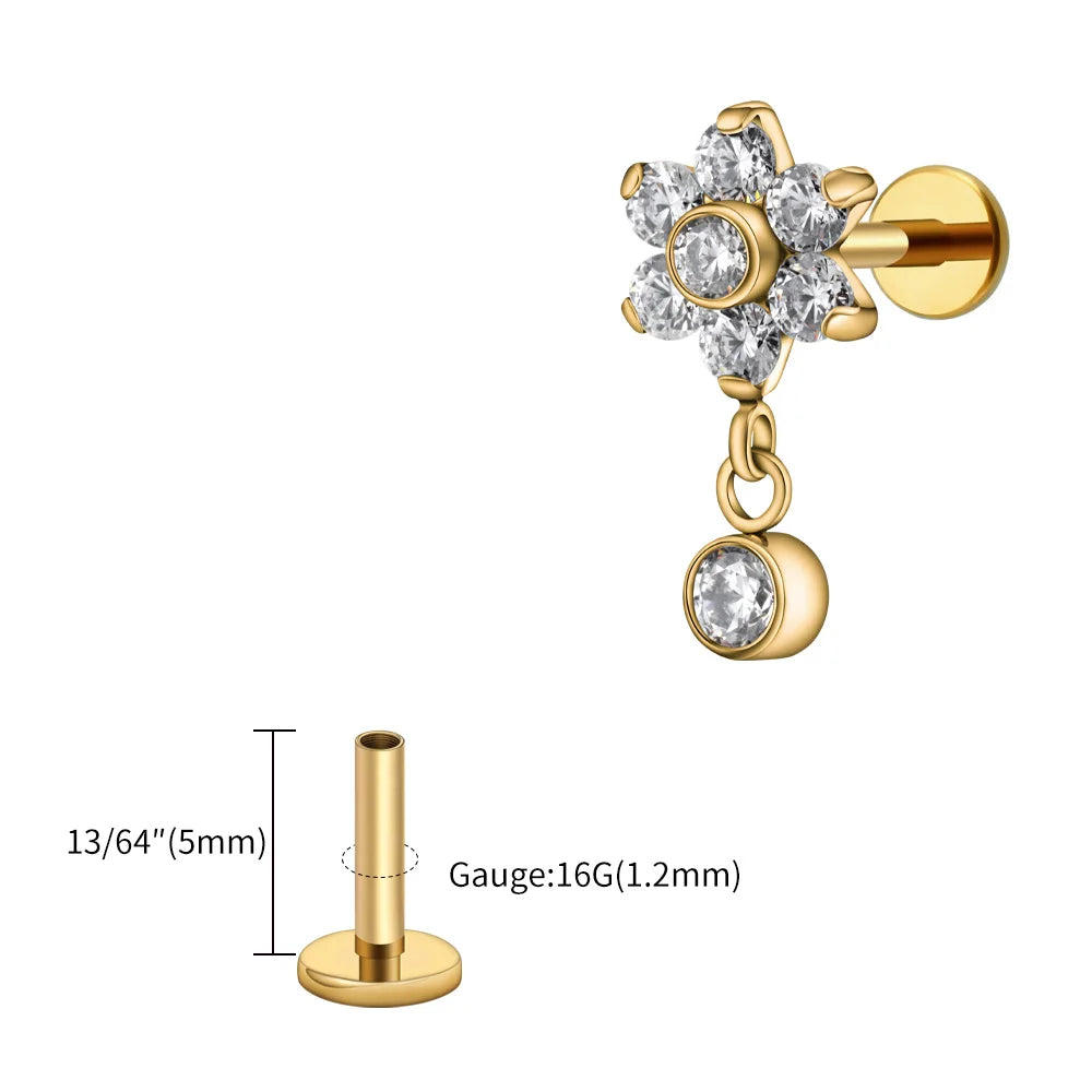 Right Grand ASTM F136 Titanium 16G Flower CZ Drop Dangle Flat Earring Tragus Helix Lobe Stud Piercing Jewelry