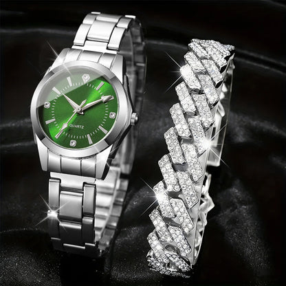 2PCS Fashion Rhinestone Women Watches Bracelet Set Stainless Steel Band Quartz Wristwatch Reloj Mujer Girls Clock（Without Box）