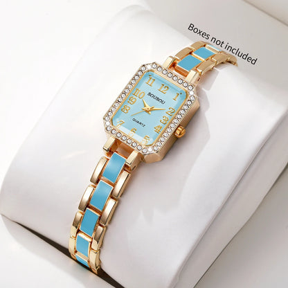 Luxury Rhinestone Women Watch Light Blue Square Dial Bracelet Quartz Wristwatch Fashion Clock Relogio Feminino（Without Box）