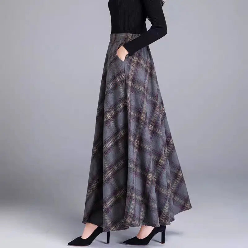 Fairyshely 2026 Atutumn Winter Gray Plaid Woolen Skirt Women Casual High Waist Midi Skirt Lady Elegant A Line Pleated Long Skirt