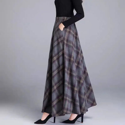 Fairyshely 2026 Atutumn Winter Gray Plaid Woolen Skirt Women Casual High Waist Midi Skirt Lady Elegant A Line Pleated Long Skirt