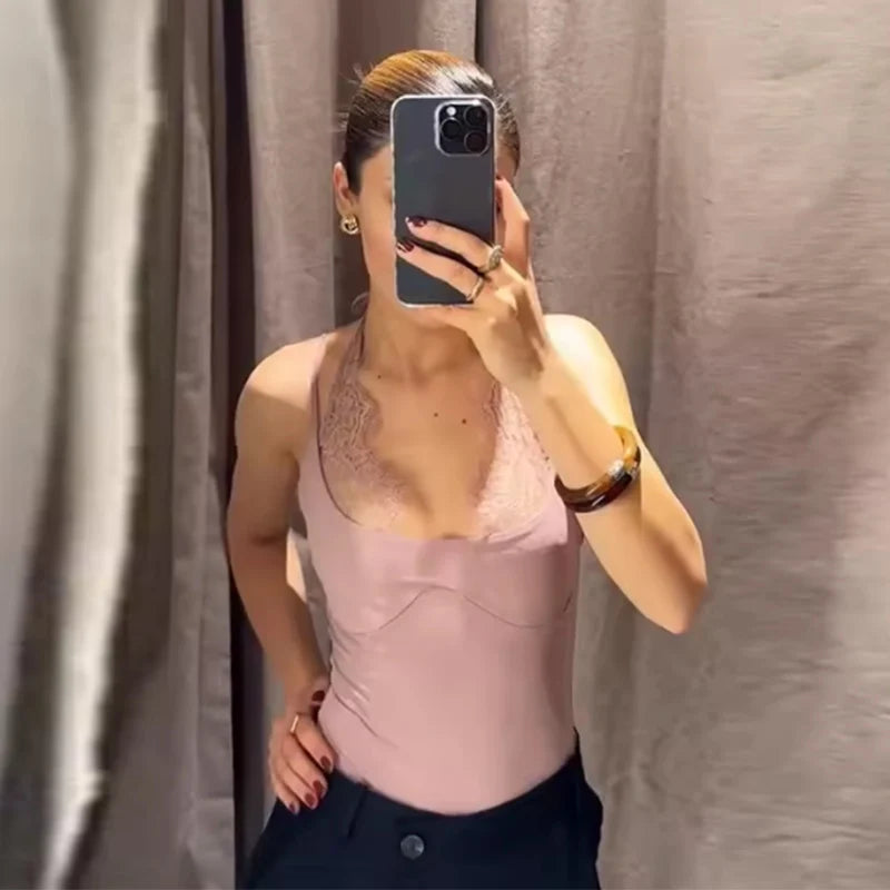 Women's Bodysuit 2026 New Fashion Spring Summer Brown Spliced Lace Bodysuit for Women Chic Personality Spaghetti Strap Bodysuit