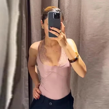 Women's Bodysuit 2026 New Fashion Spring Summer Brown Spliced Lace Bodysuit for Women Chic Personality Spaghetti Strap Bodysuit