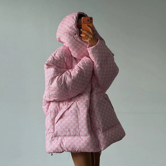 Oversized Puffer Women's Jackets Coat Print Hooded Zipper Parka Coats Loose Mid‑Length Warm Winter Outerwear With Big Pockets