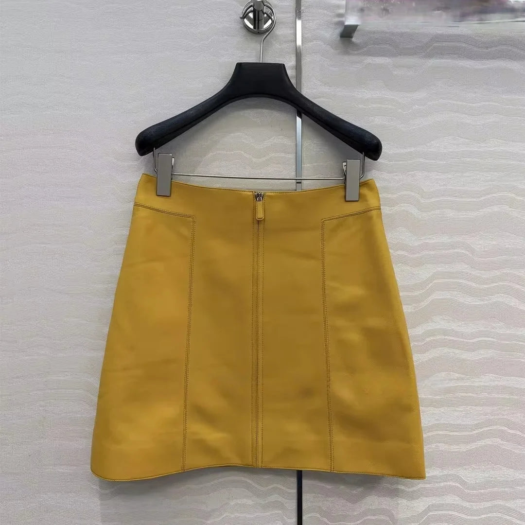 Women's High Waist Sheepskin Leather Mini Skirt Front Zipper Elegant Office Chic Skirt Autumn Fashion 2026