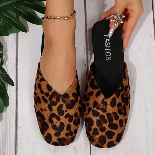 Sexy Suede Leopard Square Toe Slip On Mules Slippers Women Flat Heels Sandals Women 2025 Summer Fashion Outdoor Slippers Size 43