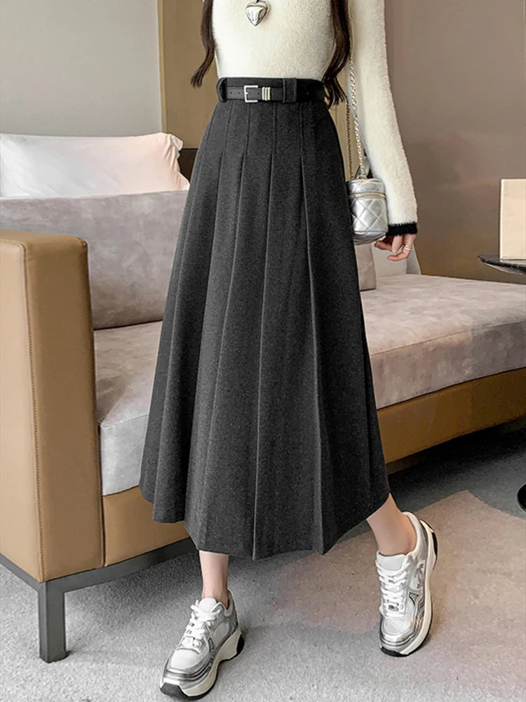 Grey woolen pleated skirt for women in autumn and winter skirt high waisted casual large hemA-line medium length skirt