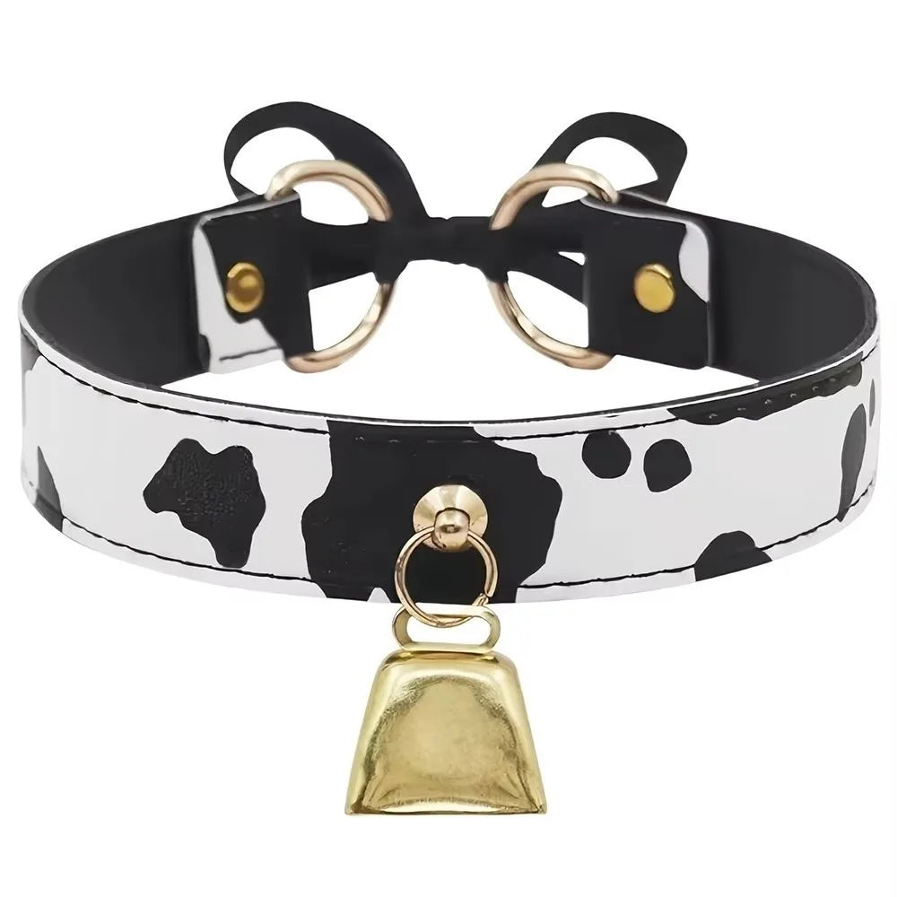 Sexy Leather Choker Necklace Cow Print Adjustable Bell Collar Women Necklace