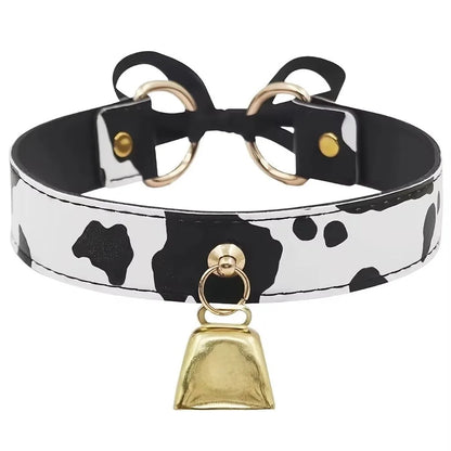 Sexy Leather Choker Necklace Cow Print Adjustable Bell Collar Women Necklace