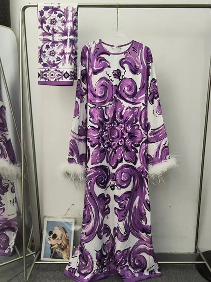 Design Retro Geometric Print Spliced Feather Long Sleeve Dress 2026 Autumn Women's Clothing Loose Straight Skirt + Silk Scarf