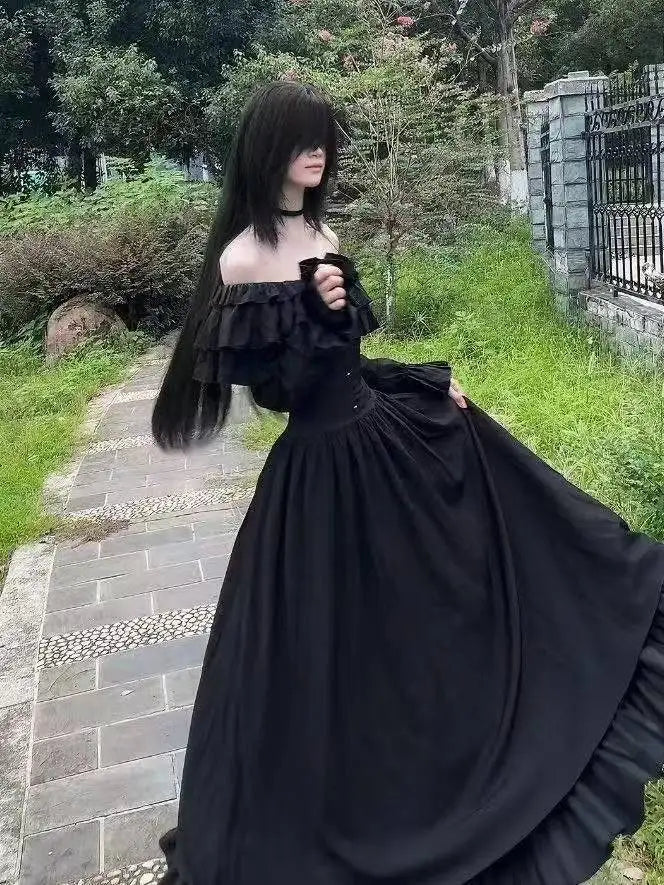 Japanese Gothic Vintage Black Dress Slim Elegant Midi Dress Solid Retro Fashion Party Dress Woman Korean Style Chic