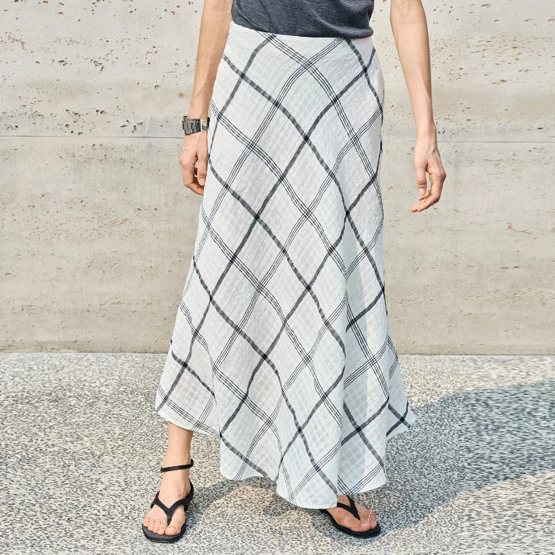 Women's Linen Plaid Long Skirt Summer New Casual Vacation Cotton Linen Skirt Asymmetrical Flowy Loose Ladies Midi Skirts