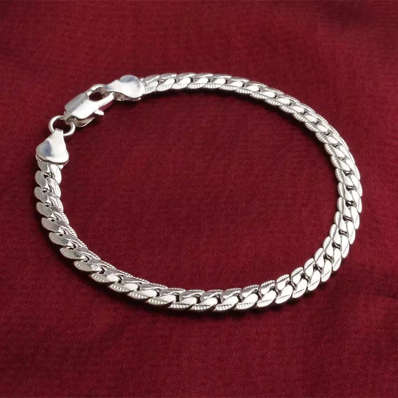 925 Silver Bracelet 6mm 18/19/20cm Flat Side Chain Lobster Clasp For Woman Man Wedding Engagement Jewelry