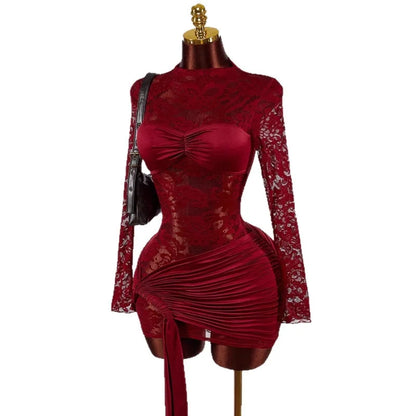 French Lace Sheer Dress Waist-Cinching Pleated Strap Slim-Fit Bodycon Skirt