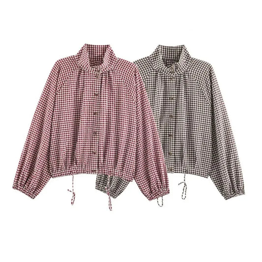 Women's Plaid Jacket, Vintage Gingham Check Coat, Stand Collar Long Sleeve Button Up Outerwear, Loose Casual Autumn Windbreaker