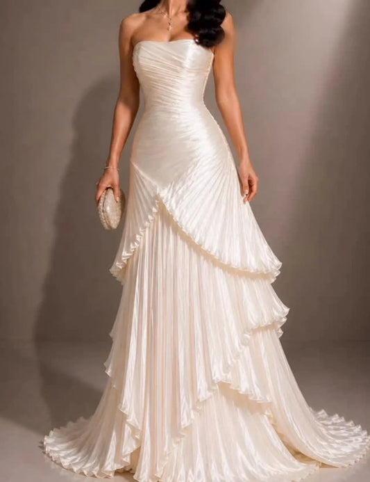 Customized White Dress Formal High Quality Pleat Draped Tiered Mermaid Strapless Floor-Length Evening Dresses For Wedding Party
