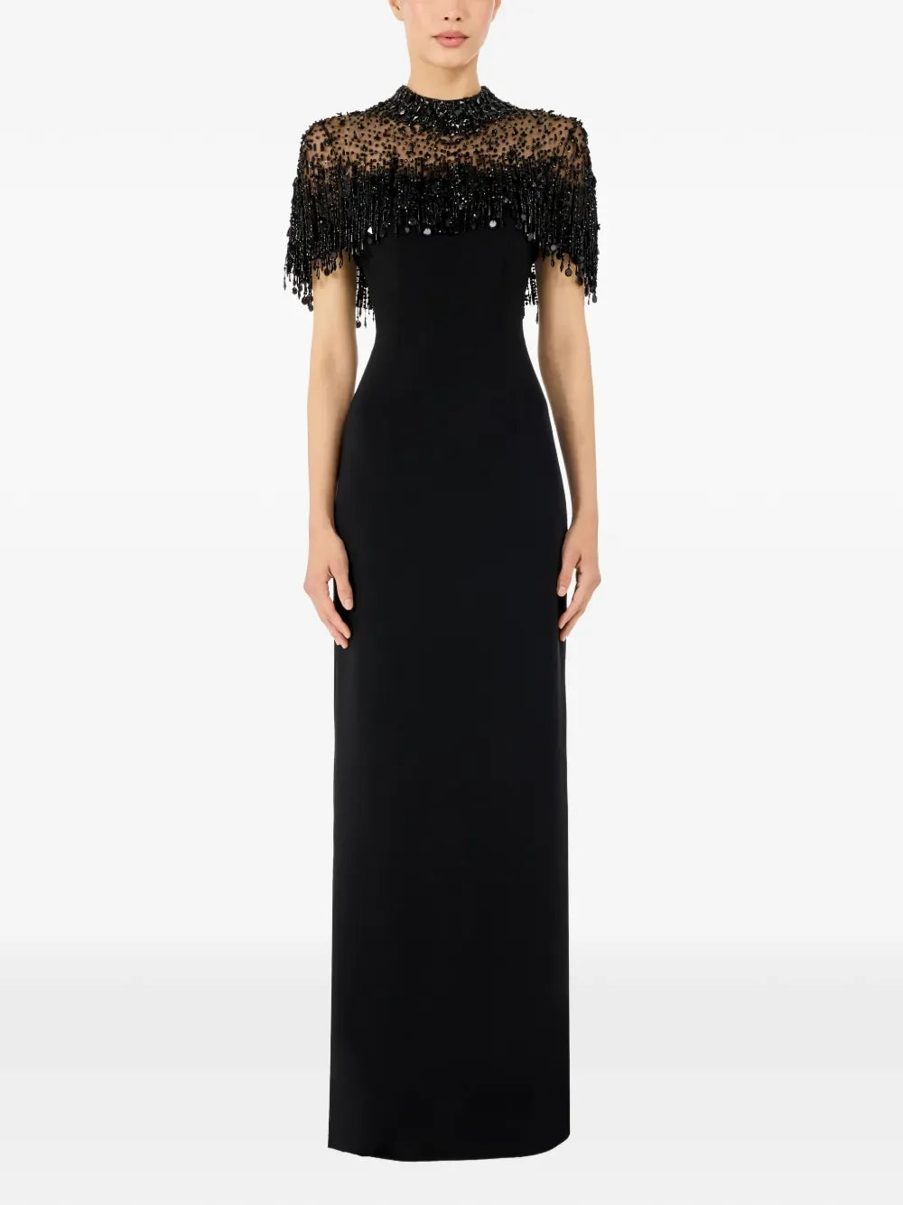 Luxury Bead Party Dresses High Collar Short Sleeve Black Jersey Straight Floor Length Evening Dress Back Zipper  Gown Customized