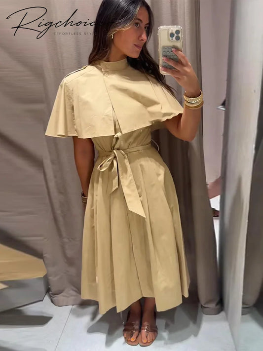 Women's Trench Style Midi Dress Stand Collar Cape Overlay Short Sleeve Belted Waist A‑Line Dresses Autumn Elegant Office Outfits