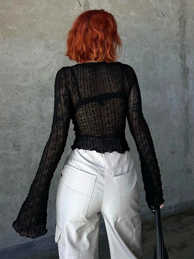 Gothic Lace Up Sexy Blouses Grunge Y2k Fairycore Long Sleeve T-shirts Female Transprent Skinny Fashion Tops