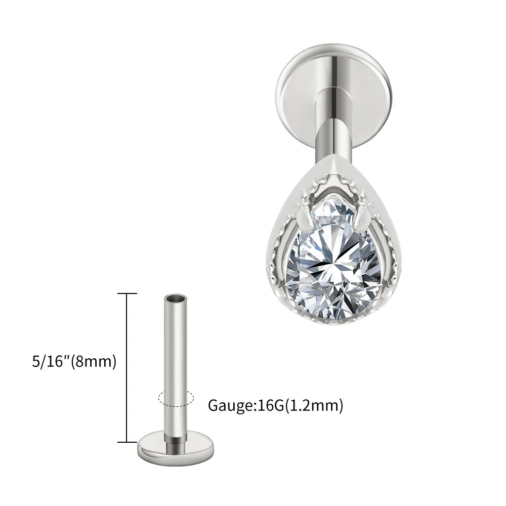 Right Grand ASTM F136 Titanium Teardrop CZ Cartilage Earring Threaded Labret Stud 16G Tiny Pear CZ Helix Conch Earlobe Piercing