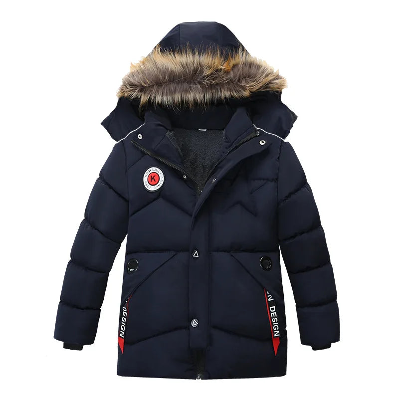 2-8 Years Winter Boys Jacket Thick Keep Warm Lining Plush Detachable Hat Hooded Fur Collar Coat For Kids Children Outerwear