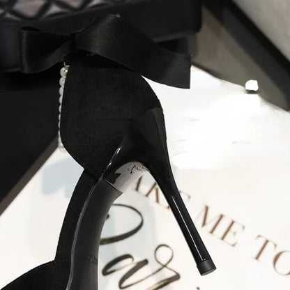 Black Women's Pumps   Summer New Brand Design String Bead Pearls Wedding Bridal High Heels Sexy Pointed Toe Party Dance Shoes