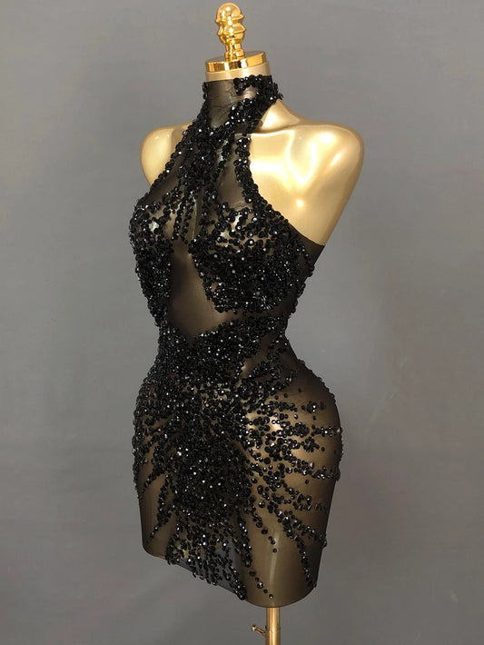 Sparkly Rhinestones Short Dress for Women Sexy Mesh See Through Party Evening Prom Celebrate Birthday Dress Photo Shoot Wear