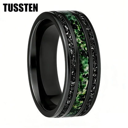 TUSSTEN 8MM Men's and Women's Wedding Tungsten Ring Inlaid Moss Agate And Meteorolite Inlay Comfortable Fit